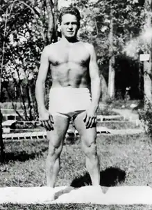 Joseph Pilates on the mat in garden